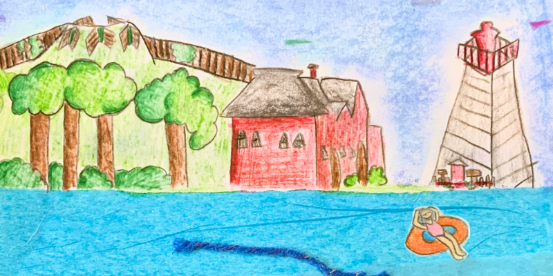 A vibrant mixed-medium artwork created by Hannah Qiu for the cover of the Town's Community Guide.