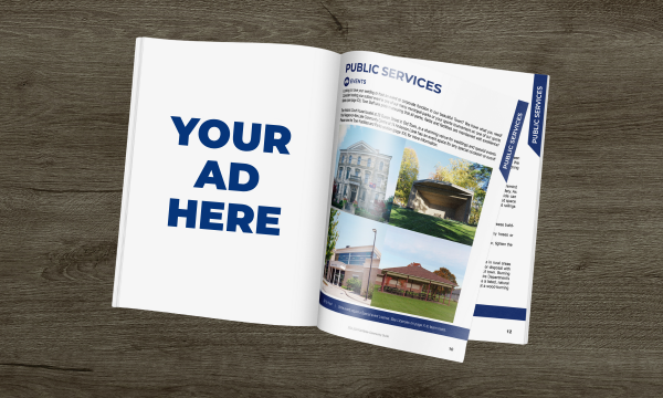 The words "your ad here" displayed inside the Town's Community Guide.