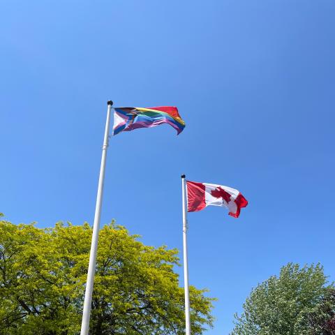 Progressive Pride Flag and Canadian Flag flying at Town Hall. 