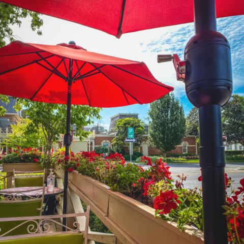 Image of an outdoor patio in Niagara-on-the-lake, with a red umbrella and red flowers present.
