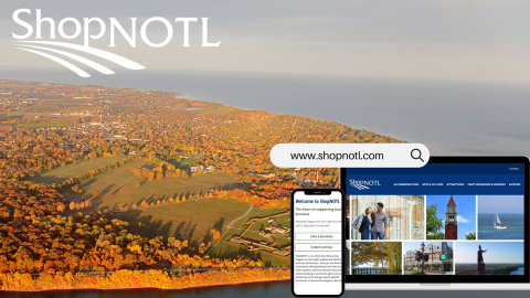 Image of the ShopNOTL website and mobile version overlaying a landscape photograph of Niagara-on-the-Lake. 