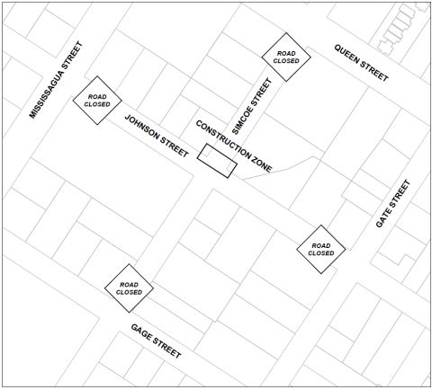 Map of construction zone on Simcoe Steet at Johnson Street. 