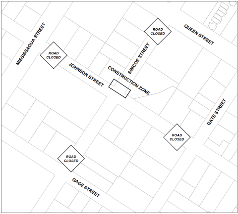 Map of construction zone on Simcoe Steet at Johnson Street.