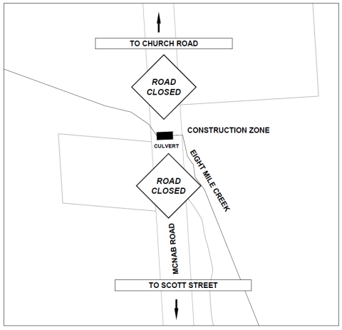 A map identifying the road closure details. Details provided below.