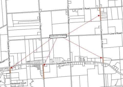 Watermain replacement map from concession 5 to concession 7 to Townline road