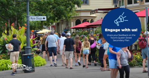 Image of residents on Queen Street with text requesting feedback on Town's Queen Street Secondary Plan